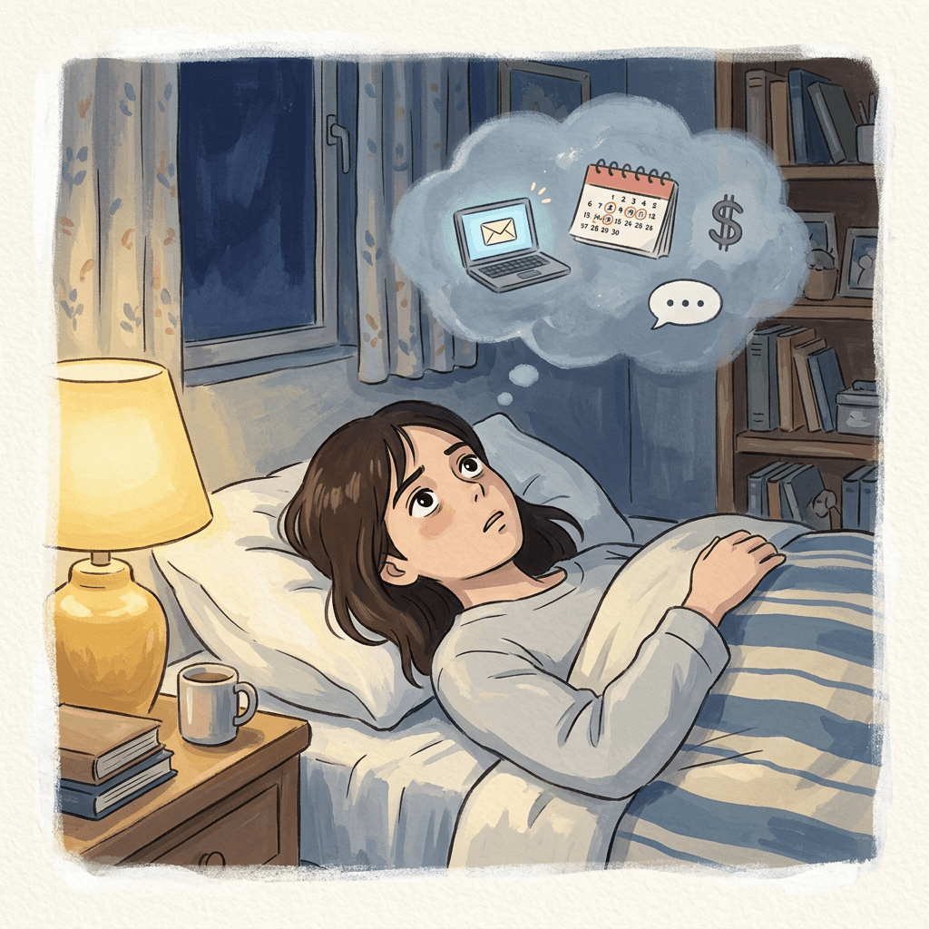 A person lying awake at 11 PM with worries floating above them