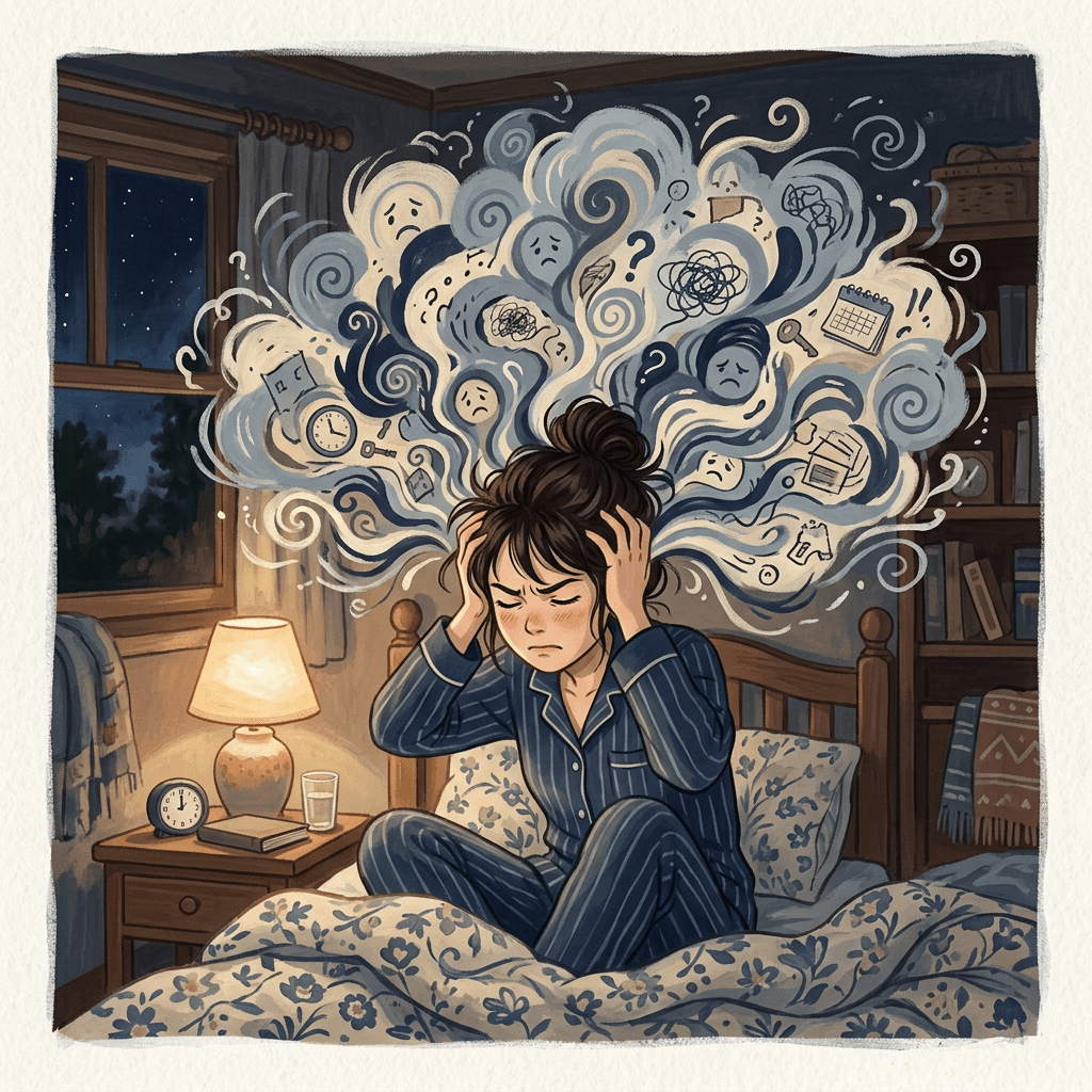 A young woman sitting up in bed at night, hands pressed against the sides of her head, eyes shut tight, with swirling thoughts escaping in all directions around her