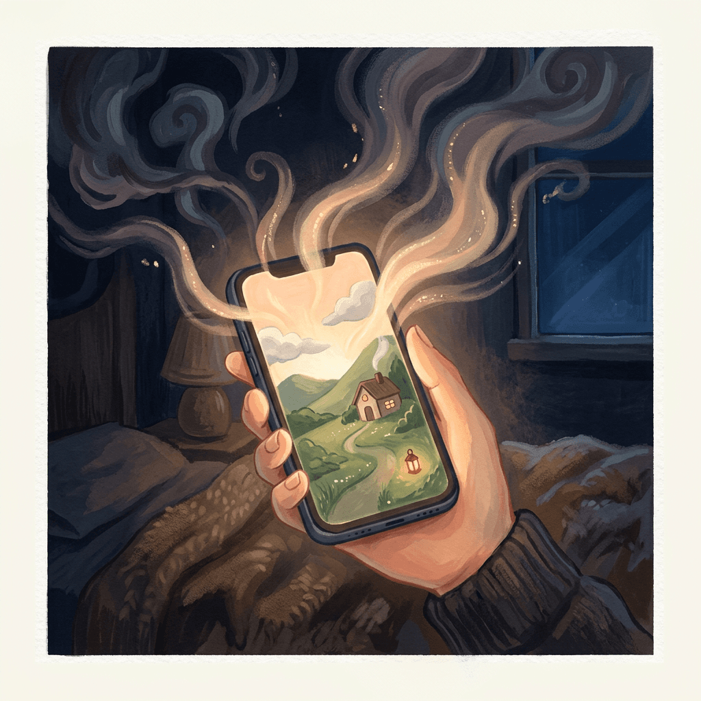 A hand holding a glowing phone in a dark bedroom, dark thought tendrils transforming into warm golden light as they approach the screen, which shows a peaceful painted landscape with a small cottage and lantern