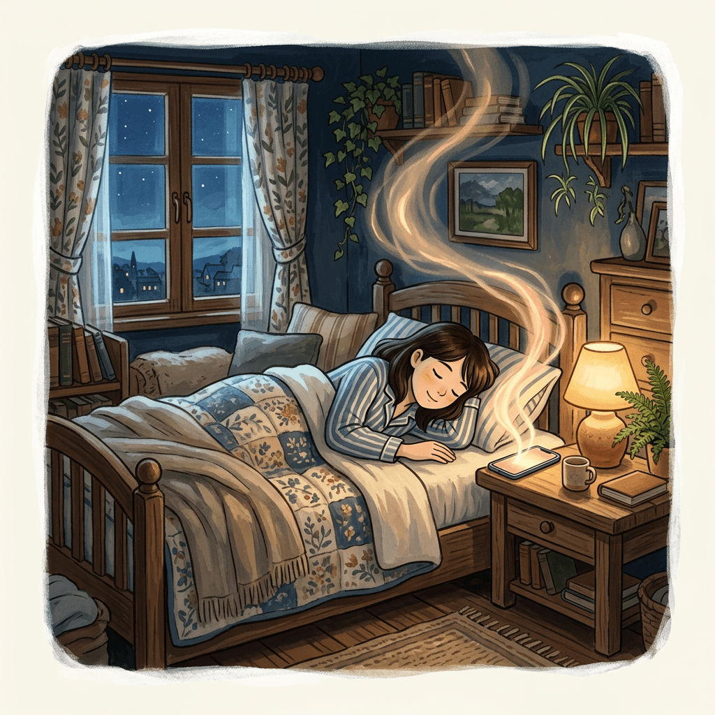 A young woman asleep peacefully in a cozy bedroom at night with a small smile, soft golden glow rising from a phone on the nightstand