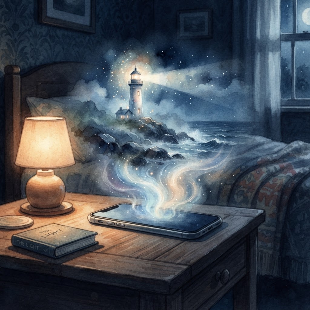 A watercolour of a phone on a bedside table with a lighthouse story rising out of the screen